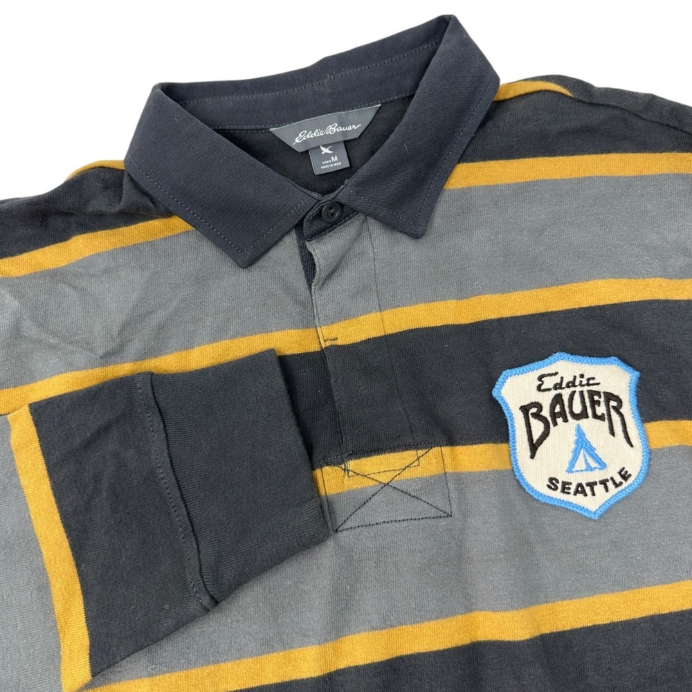 EDDIE BAUER Shirt‎ Mens Brown Striped Rugby Long Sleeve Seattle Logo Medium